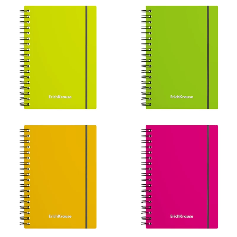 Carnet cu spira ErichKrause, Neon, asortiment, А6, 80 file, mate, cop. plastic, cu elastic 50648