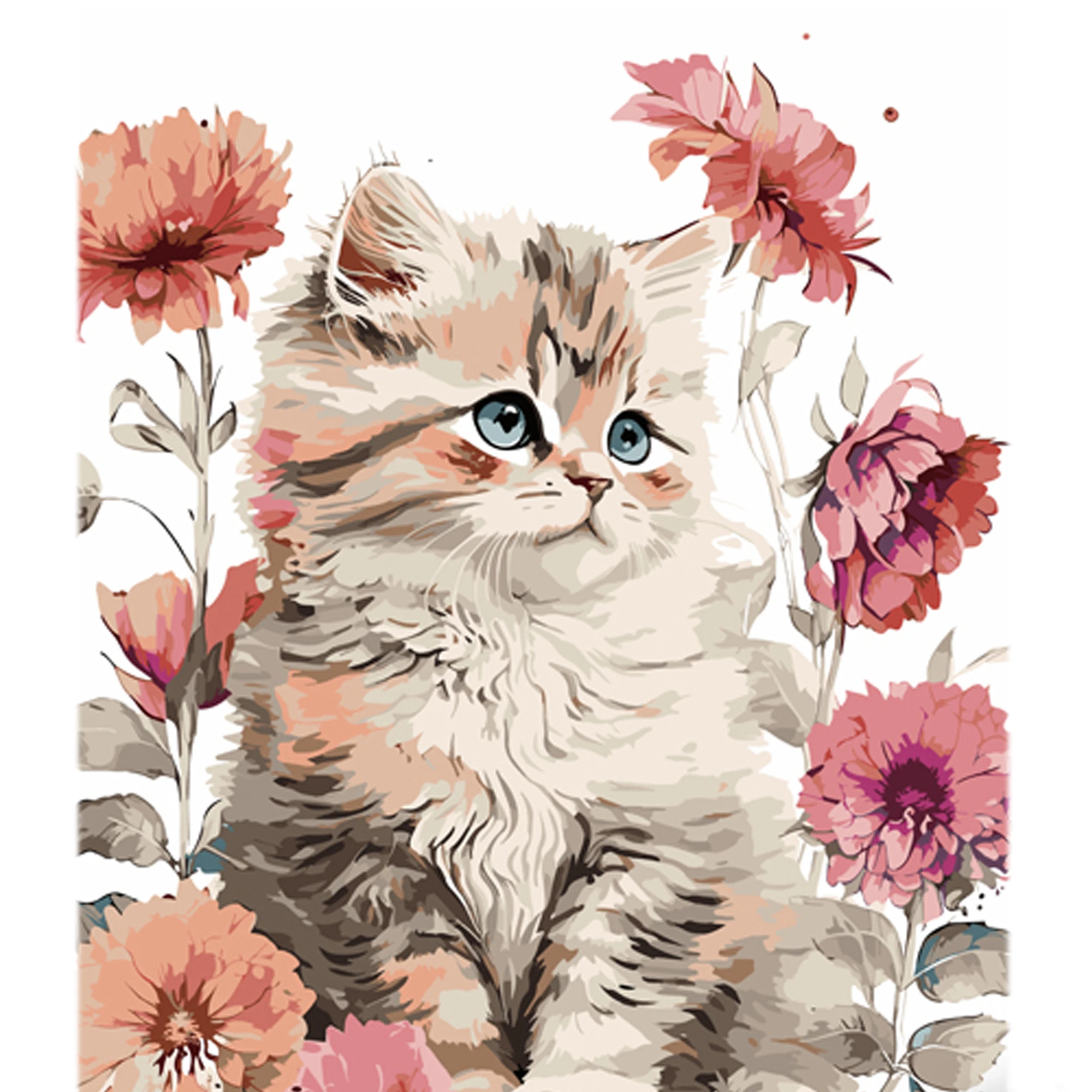 Tablou pe numere  40x50 cm "Flori delicate și un pisoi"