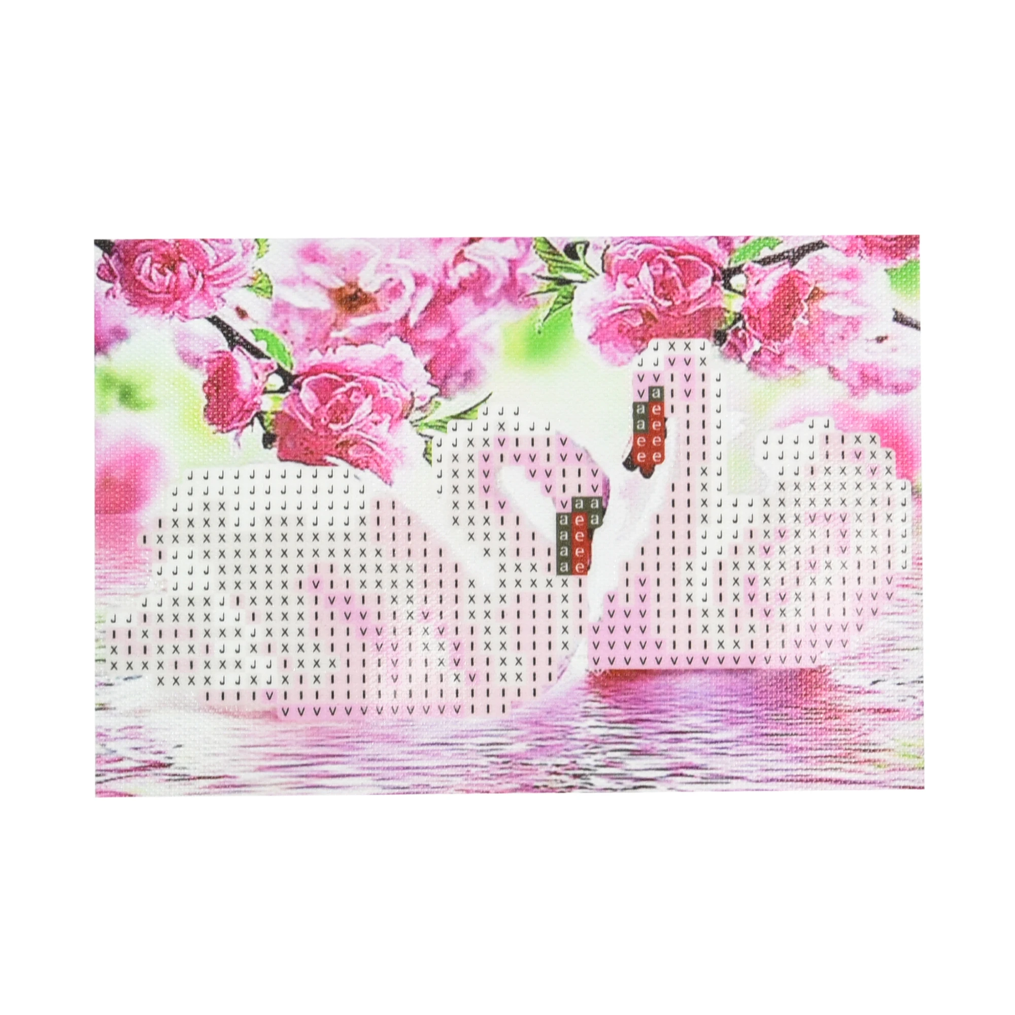 Mozaica cu Diamante 10x15 cm "Cuplu de lebede printre flori roz"