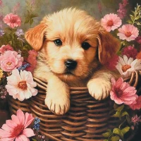 Mozaica cu Diamante 30x30 cm "Cățelușul printre flori"