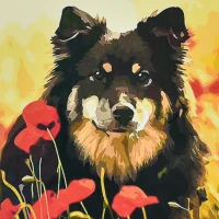 Mozaica cu Diamante 30x30 cm ""Cățel în câmpul de maci"