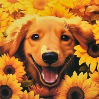 Mozaica cu Diamante 30x30 cm "Câine în floarea-soarelui"